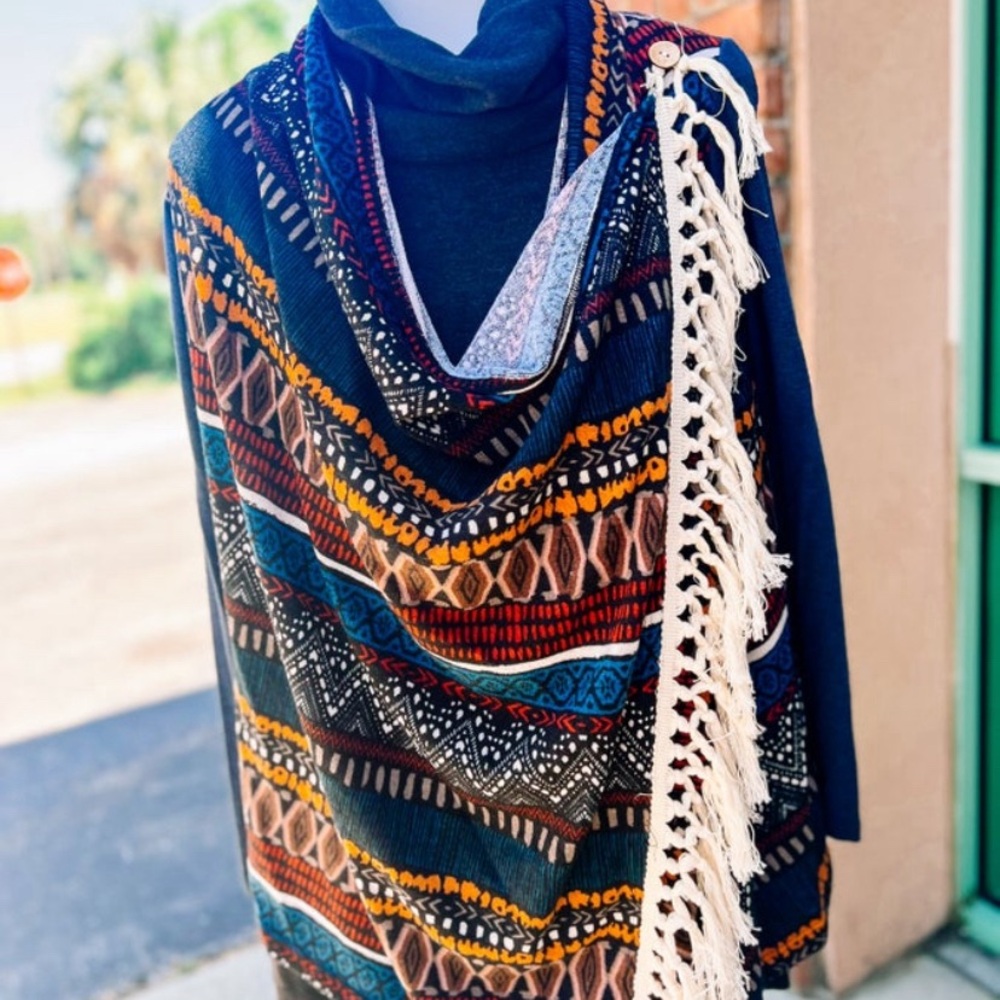 🛍️3/$10!! BRAND NEW! Navy Tribal Tassel Fringe Button Cardigan Sweater. Size LG - Picture 2 of 3
